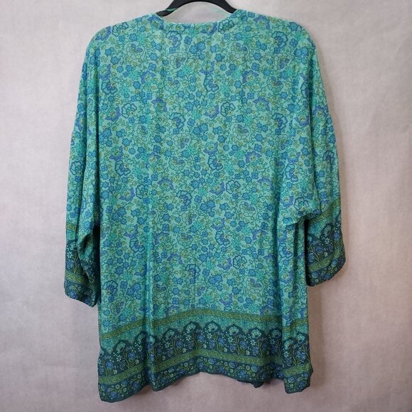 Cupcakes & Cashmere Kimono Women XS Oversized Green Blue Floral Light Open Top - Picture 7 of 10